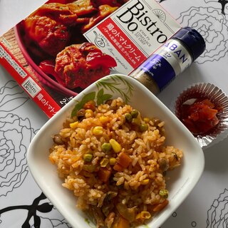 ビストロドゥを使って炊飯器、トマト風味サバ缶ライス